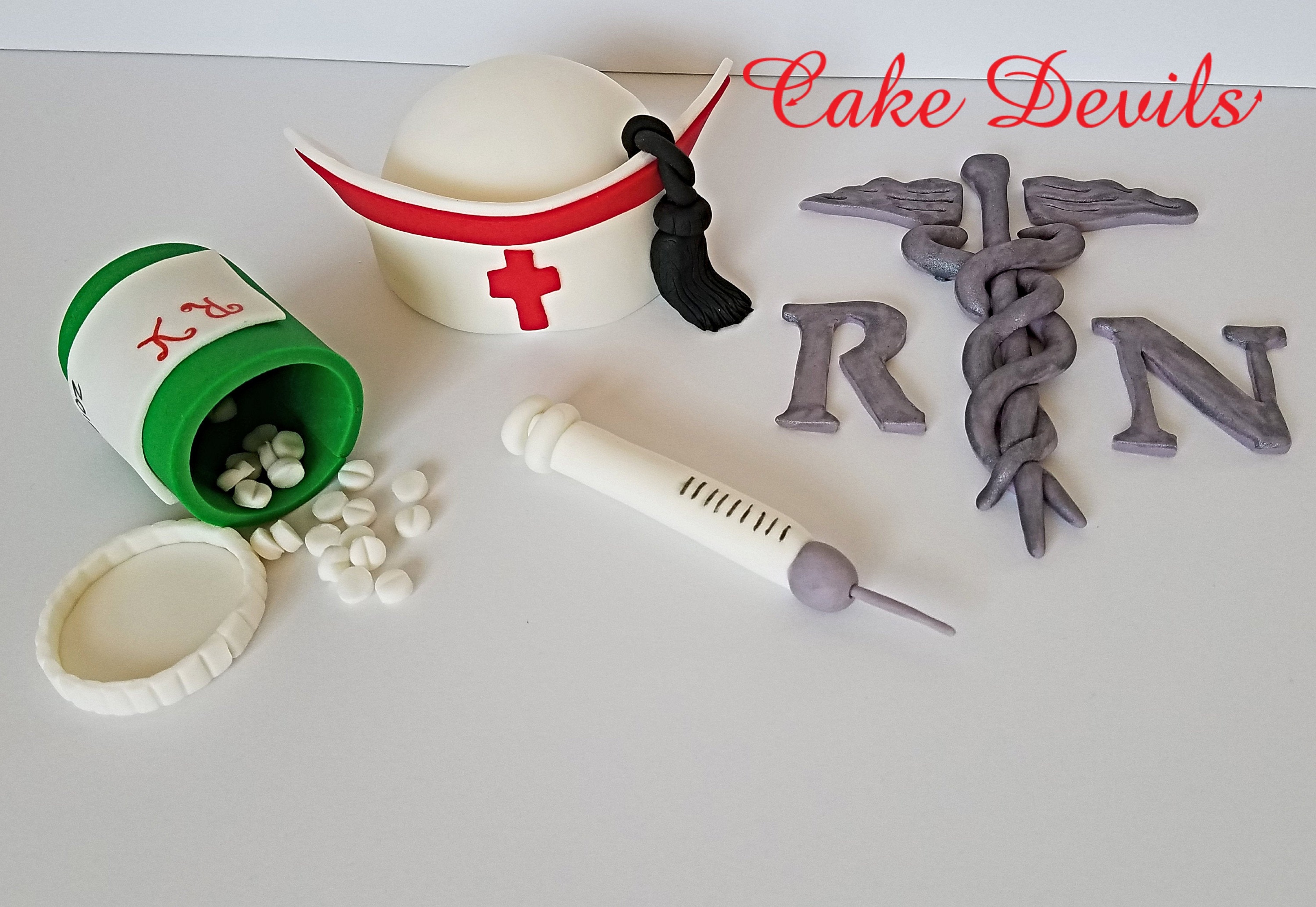 Nurse Graduation Cake Toppers, Fondant Nurse Kit, RN, Lockup, Pill