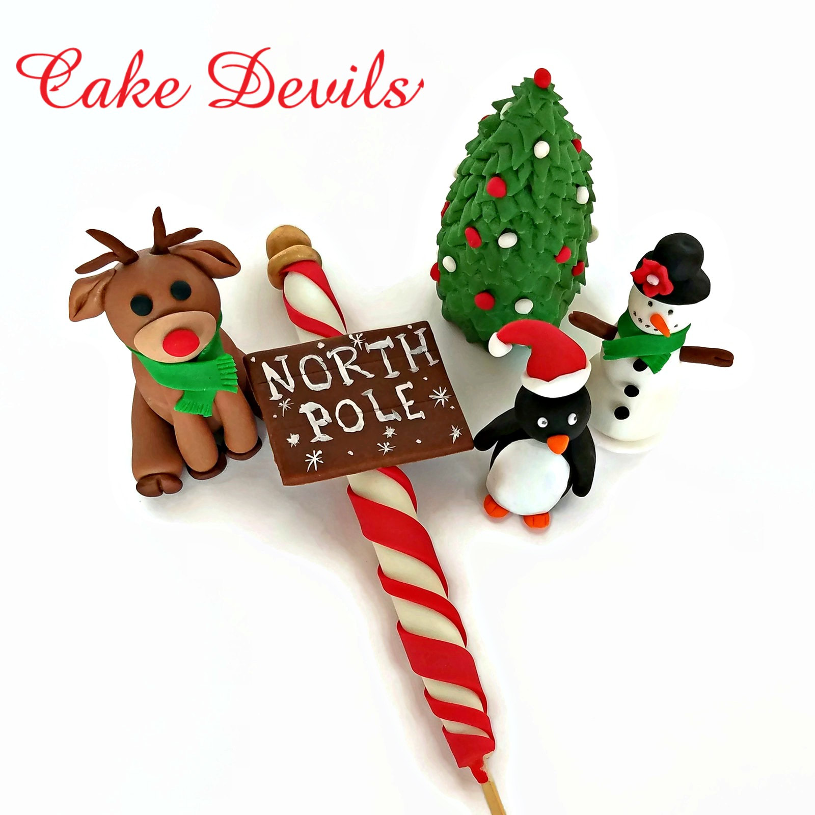 North Pole Holiday Cake Toppers, Fondant Christmas Decorations, Reindeer,  Penguin, Snowman, Christmas Tree, North Pole, Fondant Handmade